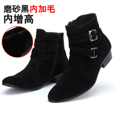 Ideamini复古靴高帮冬季内增高韩版靴子男靴皮鞋保暖短靴磨砂皮靴尖头棉鞋靴子