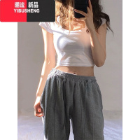 YIBUSHENG设计感U领正肩白色短袖t恤女季新款小众别致纯欲甜辣妹短款上衣