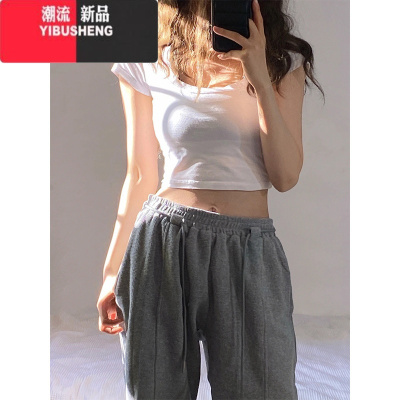 YIBUSHENG设计感U领正肩白色短袖t恤女季新款小众别致纯欲甜辣妹短款上衣