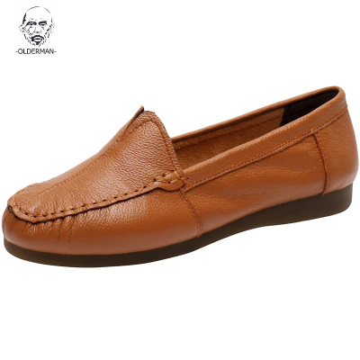 老人头2020舒适休闲皮鞋牛筋底妈妈鞋真皮软底中老年单鞋豆豆鞋女春秋款平底