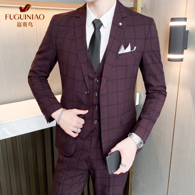 富贵鸟(FUGUINIAO)西服套装男商务休闲大码职业西装上班正装青年韩版修身工作男士西装西服新郎服结婚礼服三件套