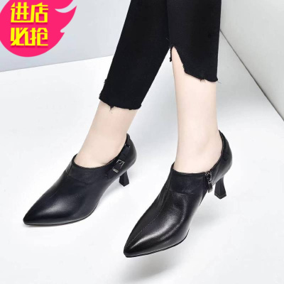 金三志鞋子女2021新款深口单鞋女尖头细跟百搭高跟鞋春款皮小皮鞋显瘦休闲鞋