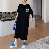 韩国大码女装连衣裙夏季胖mm长款短袖T恤女宽松开叉长裙打底衫女
