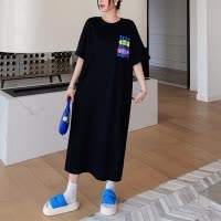 韩国大码女装连衣裙夏季胖mm长款短袖T恤女宽松开叉长裙打底衫女