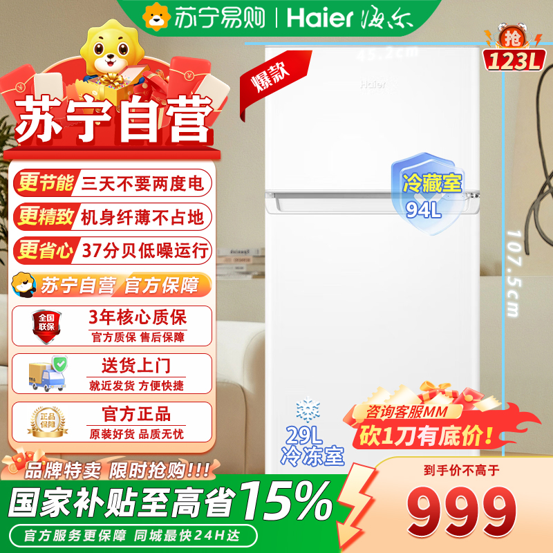 海尔轻尚双门冰箱BCD-123GHTMZ0WV 2级能效四星级29升冷冻室冰雪白净味杀菌手动除霜