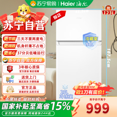 海尔轻尚双门冰箱BCD-123GHTMZ0WV 2级能效四星级29升冷冻室冰雪白净味杀菌手动除霜