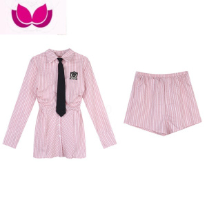 七斓学院风套装设计感长袖条纹衬衫上衣女春季粉色裤子短裤休闲套
