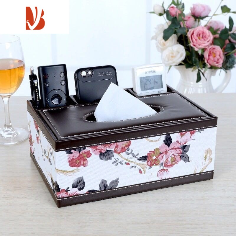 三维工匠纸巾盒客厅摆件轻奢创意遥控器收纳多办公室茶几抽纸盒子 皮革春暖花开拼接后三格