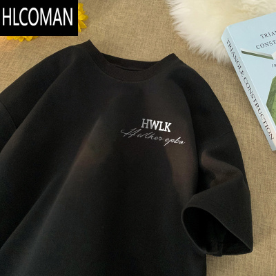 HLCOMAN精梳棉260gt恤男潮牌美式复古三本针短袖青少年微落肩半袖ins