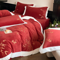 冬季牛奶绒280g加厚刺绣四件套婚庆红色珊瑚绒结婚保暖床单被套