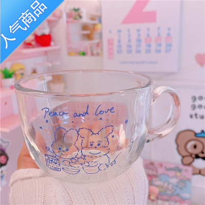 YICHENGins风大容量兔兔早餐麦片牛奶加大加厚玻璃杯碗把手玻璃大口径杯