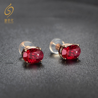SHECENTURY18K玫瑰金镶嵌钻红宝石(充填)耳钉彩宝耳环四爪耳钉送爱人约2.4克拉(863914)现货
