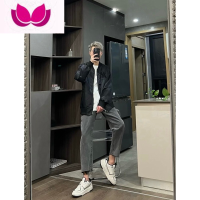 七斓四季新款直筒灰色毛边牛仔裤男高街网红同款潮牌修身学生九分裤子