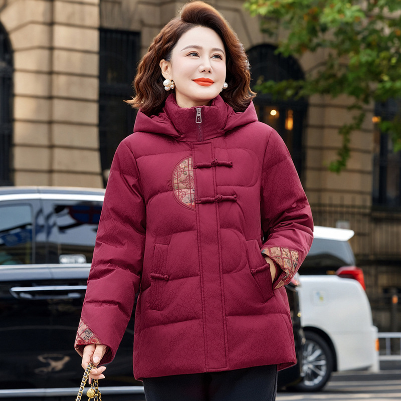 中年妈妈冬装羽绒棉棉服女士新款中老年连帽洋气加厚国风外套