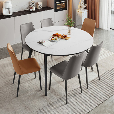 全友家居现代简约餐厅钢化玻璃岩板可选可伸缩餐桌方变圆功能圆餐桌椅