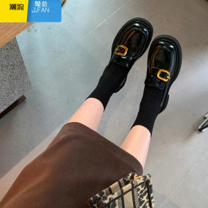 聚范皮版~厚底乐福鞋女2024新款方扣粗跟英伦风复古小皮鞋单鞋