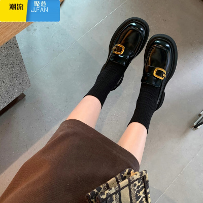 聚范皮版~厚底乐福鞋女2024新款方扣粗跟英伦风复古小皮鞋单鞋