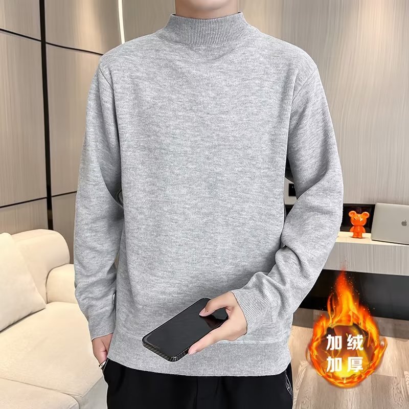 一体绒半高领毛衣男士针织衫纯色韩版潮流秋冬针织打底衫