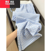 YIBUSHENG蓝白色格子假两件休闲裤女2024季薄款新款宽松直筒遛弯阔腿裤子