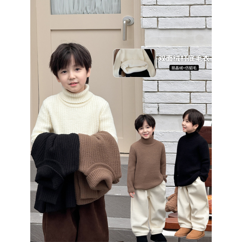 童酷儿童冬款湖州织里童装纯色双面绒针织衫高领打底男童毛衣