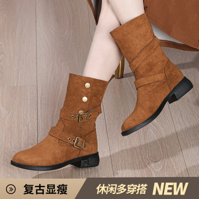 秋冬新款真皮复古西部牛仔靴软底直筒厚底粗跟舒适中筒骑士靴