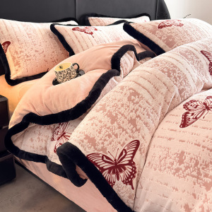 冬季花牛奶绒四件套加绒加厚兔毛绒包边被套双面绒珊瑚绒床单厚