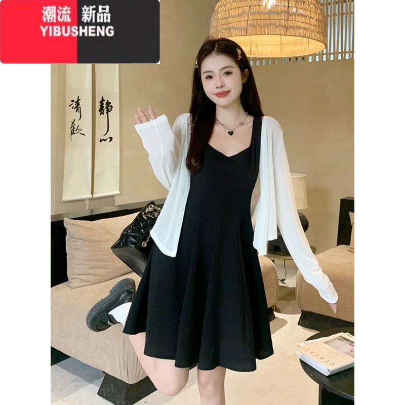 YIBUSHENG大码装黑色吊带连衣裙女防晒开衫微胖mm法式气质收腰遮肚a字裙