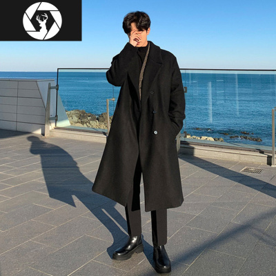 HongZun港风秋冬季毛呢大衣男中长款黑色过膝风衣大码呢子大衣外套韩版潮风衣