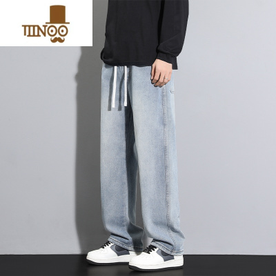 YANXU烟灰色牛仔裤男直筒宽松2023新款美式高街休闲阔腿裤子男生
