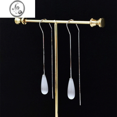 JiMi超仙长耳环水滴S925银银防丢耳线显脸小耳坠简约猫眼绿玉髓养耳洞