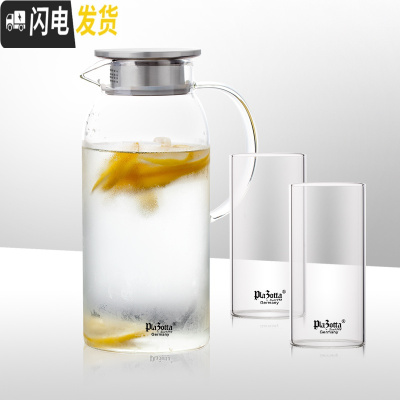 三维工匠玻璃凉水壶耐冷热家用水瓶玻璃把手大容量果汁冷水壶 一壶2杯(高硼硅直筒杯)简装