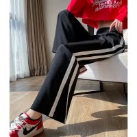 [1.5折价53元]唐狮 女开叉拼条休闲裤春秋季款直筒阔腿裤黑色高腰显瘦脚口开衩裤子