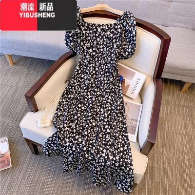 YIBUSHENG法式方领碎花连衣裙季高级感气质收腰宽松2024新款中长款茶歇裙