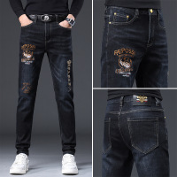 欧货刺绣牛仔裤男款秋季简约潮流时尚修身小脚直筒休闲长裤子男装