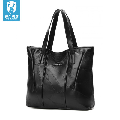 精品特卖-现代男孩（XIANDAINANHAI）女包真皮单肩手提包2020新款大包包羊皮包大容量大气简约韩版百搭黑色