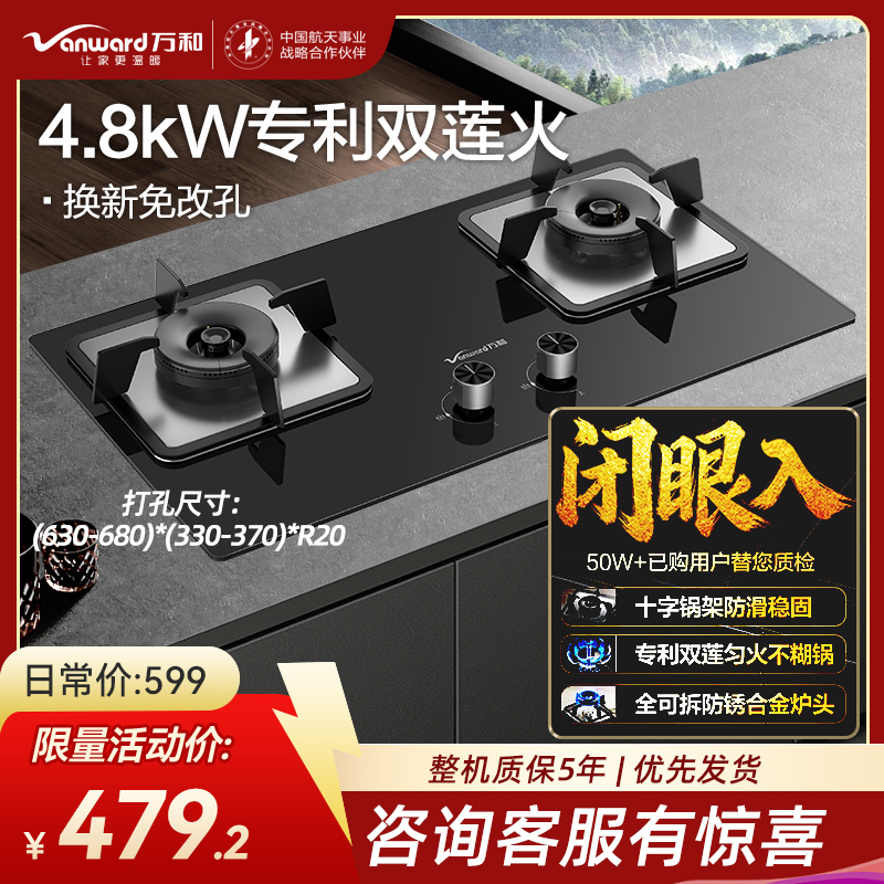 万和 一级能效 [蓝莲花]燃气灶4.8kW大火力玻璃嵌入式台式两用灶具 易清洁灶具JZY-B9L50(液化气)