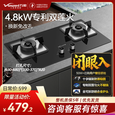 万和 一级能效 [蓝莲花]燃气灶4.8kW大火力玻璃嵌入式台式两用灶具 易清洁灶具JZY-B9L50(液化气)