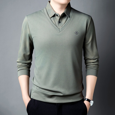 T恤男假两件秋装新款翻领长袖POLO衫时尚休闲男装打底衫