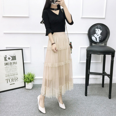 瑾汐2018新款韩版中长款蕾丝边拼接网纱裙高腰显瘦a字裙