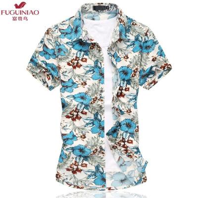 富贵鸟（FUGUINIAO）夏季新款男士衬衫短袖男装大码花衬衫短袖修身印花短袖衬衣男上衣