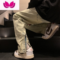 七斓纽扣开叉黄泥染牛仔裤男美式复古修身小脚微喇裤子休闲长裤