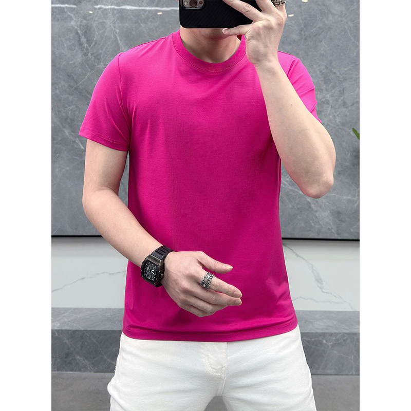 夏季冰爽丝光棉男式短袖T恤修身纯色净版白坯玉蝉丝面料欧货潮牌