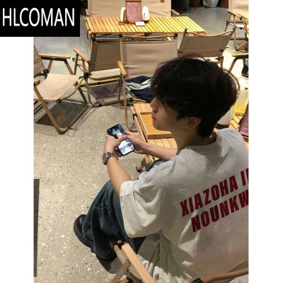 HLCOMAN白灰色美式高街短袖t恤男生夏季半袖宽松休闲潮牌上衣服