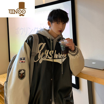 YANXU拼接PU皮棒球服男款美式外套款潮牌夹克大码男装春装衣服