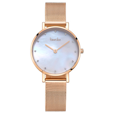 邦顿（Bestdon）手表女超薄简约镶钻精钢网带防水女士手表情侣手表女款时尚潮流韩版贝壳网红手表99214白贝面枚金网带
