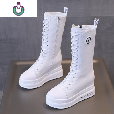 秋季高帮帆布鞋女系带高筒短靴拉链长筒透气内增高大码休闲小白鞋