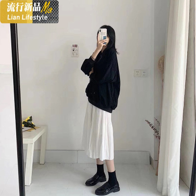 暖青汇白色半身裙女夏春秋新款2021春款百褶a字裙子半身长裙设计感小众