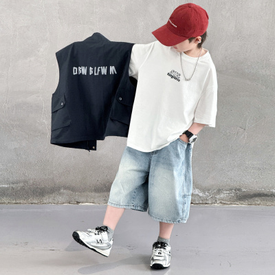 男童夏装短袖套装2026新款中大童夏季男孩儿童工装马甲三件套薄款
