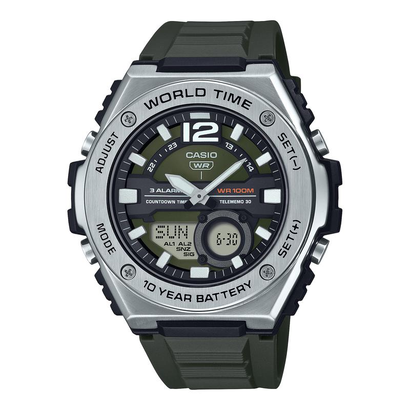 CASIO 男士金属腕表时尚日历防水年电池全球时间显示