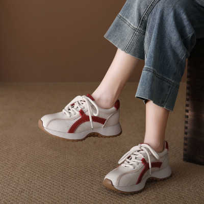 头层牛皮单鞋女2026春季新款透气圆头百搭舒适厚底休闲运动鞋